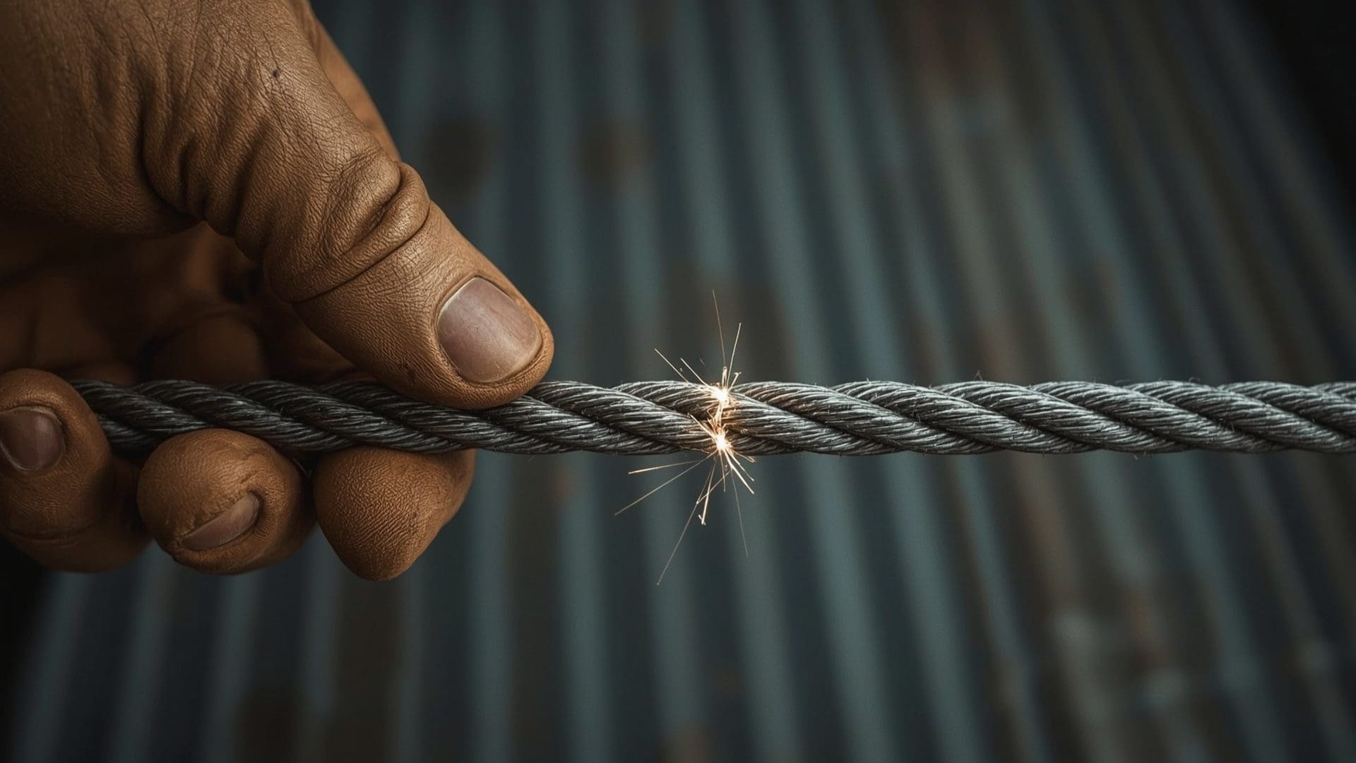 Close-up of crane operator inspecting steel wire rope for broken wires and wear damage