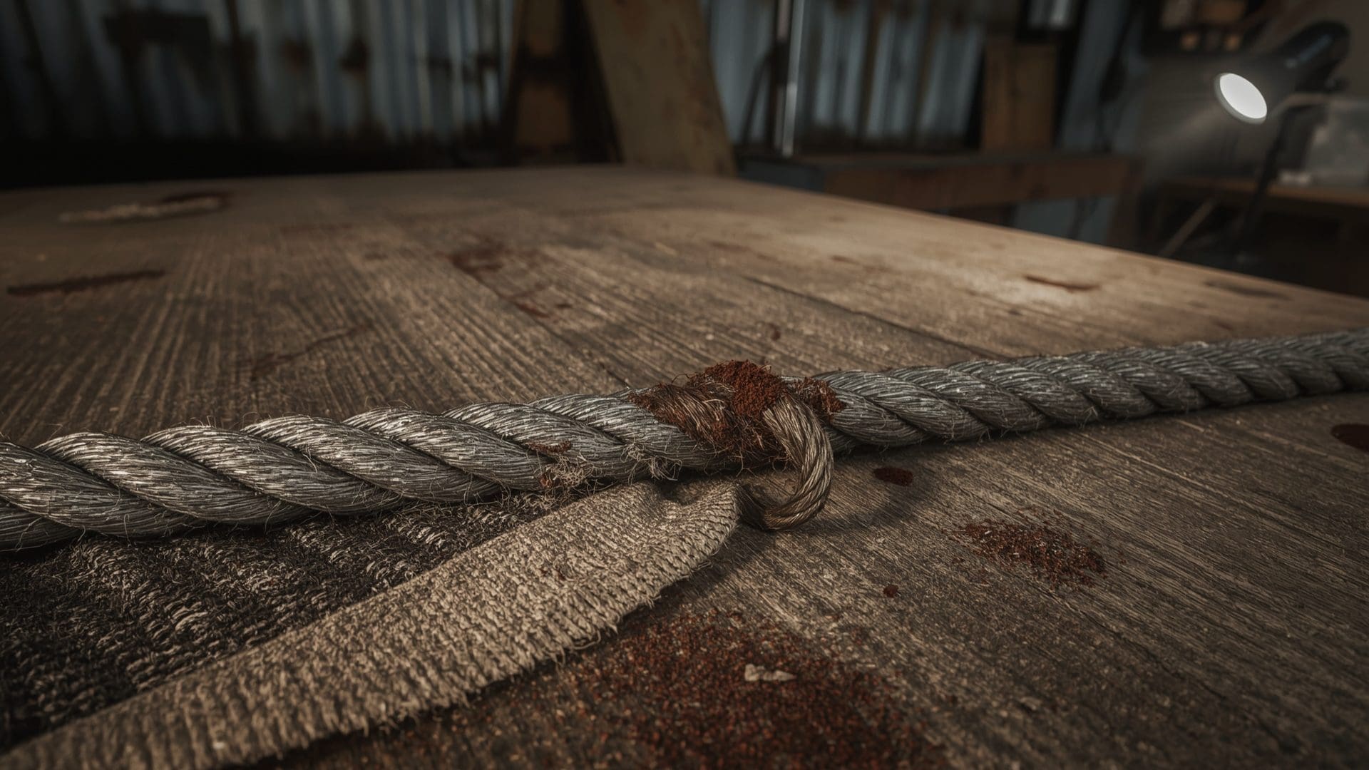Close-up of severely corroded and damaged wire rope showing fatigue fracture