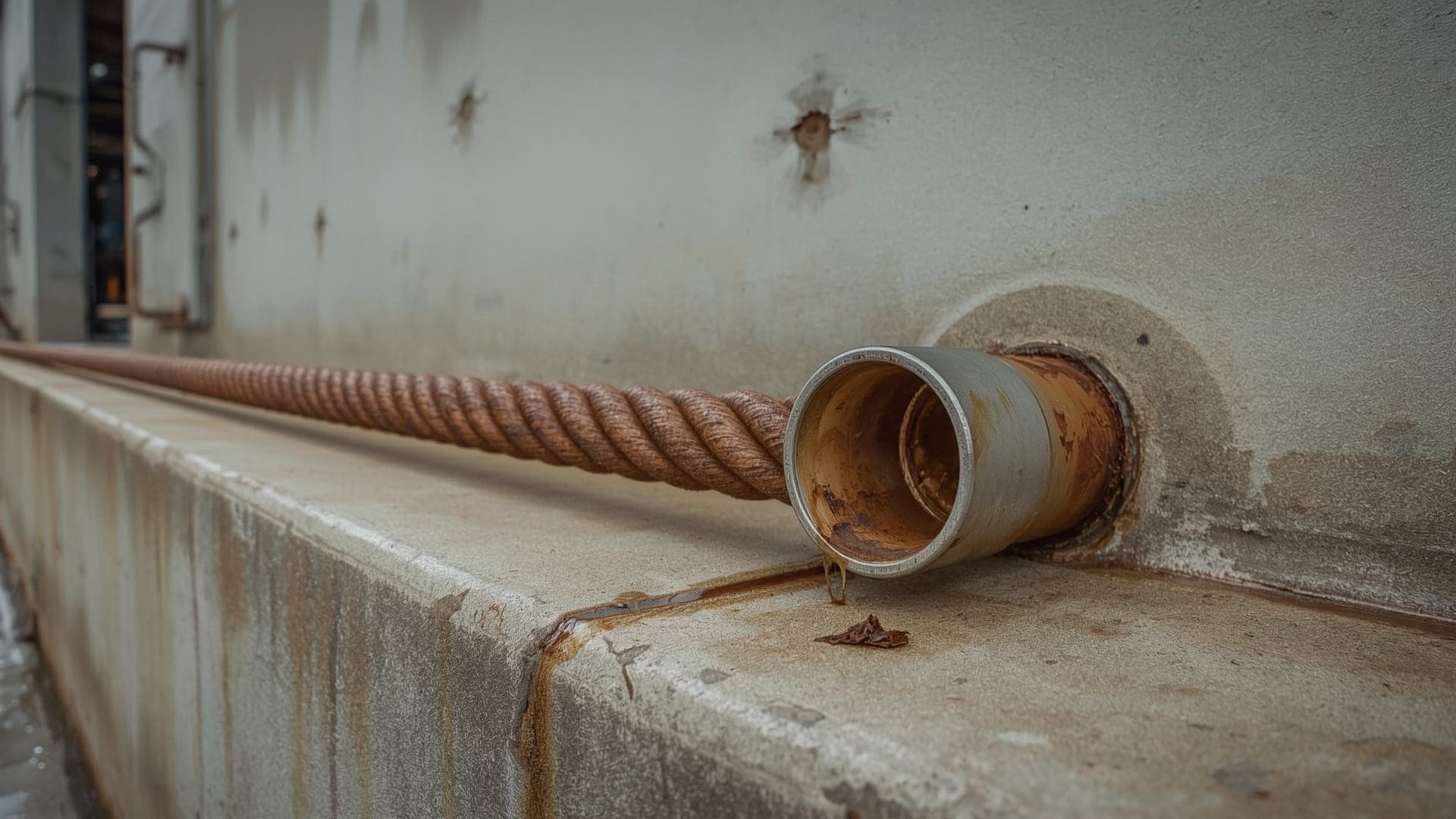 Corroded wire rope with rust pitting and orange staining near swaged socket fitting