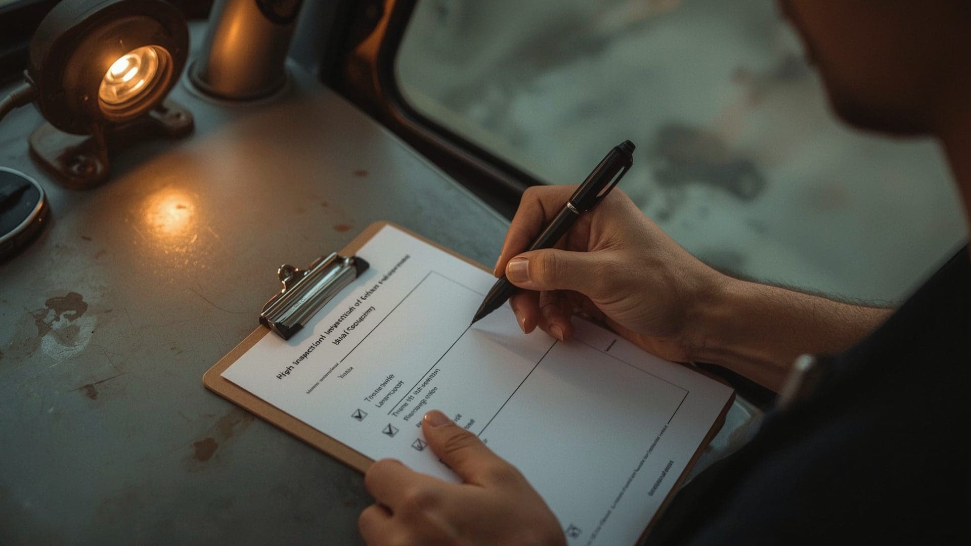 Crane operator documenting daily inspection defects on paper inspection form and clipboard