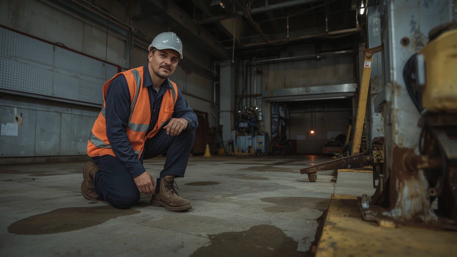 Crane operator performing ground-level walk-around inspection checking for hydraulic leaks