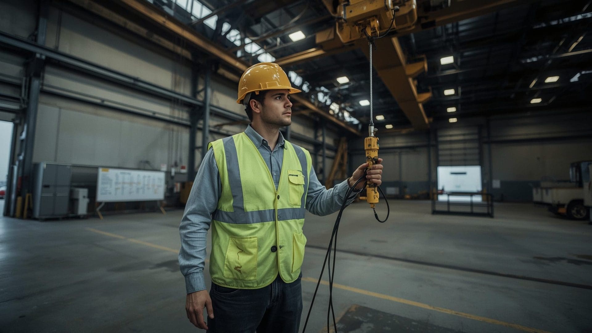 Crane operator performing hoist brake test with suspended load using pendant controller