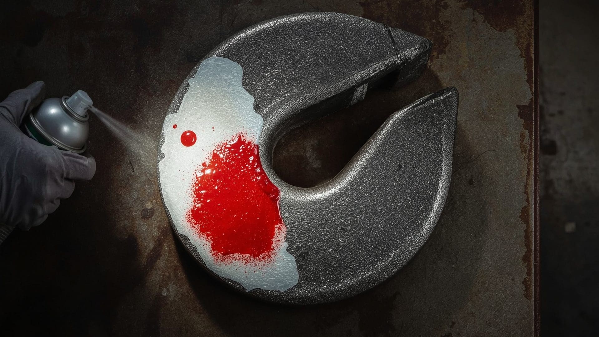 Dye penetrant testing revealing surface crack indication on forged crane hook throat