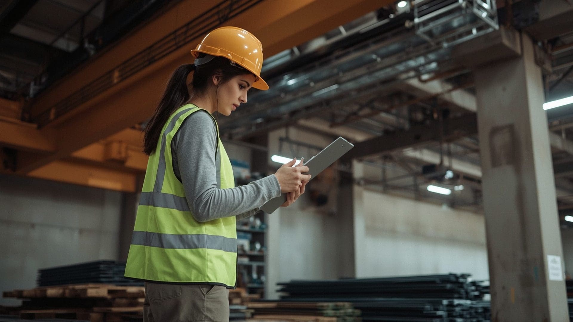 Female safety inspector documenting crane hook inspection measurements on clipboard in warehouse