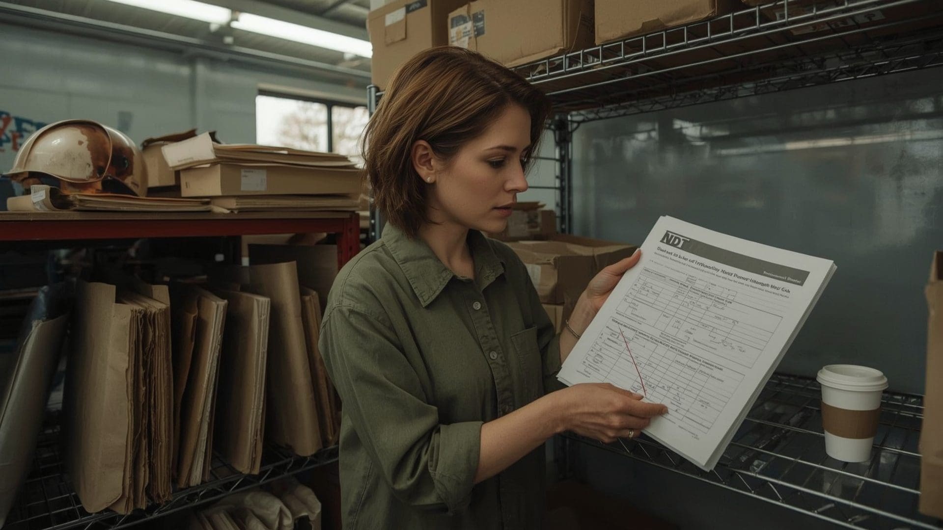 Inspector reviewing wire rope NDT scan readout documentation in industrial records setting