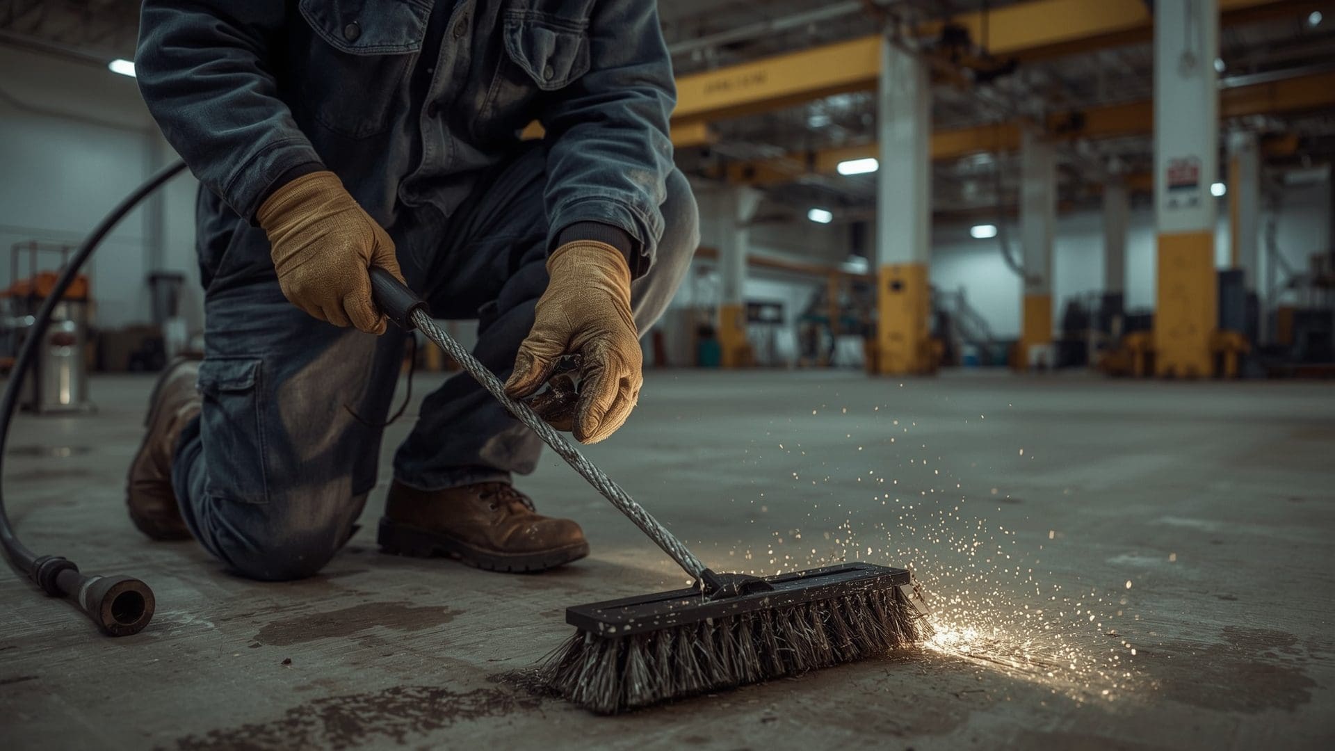 Maintenance worker cleaning wire rope with stiff brush before lubrication