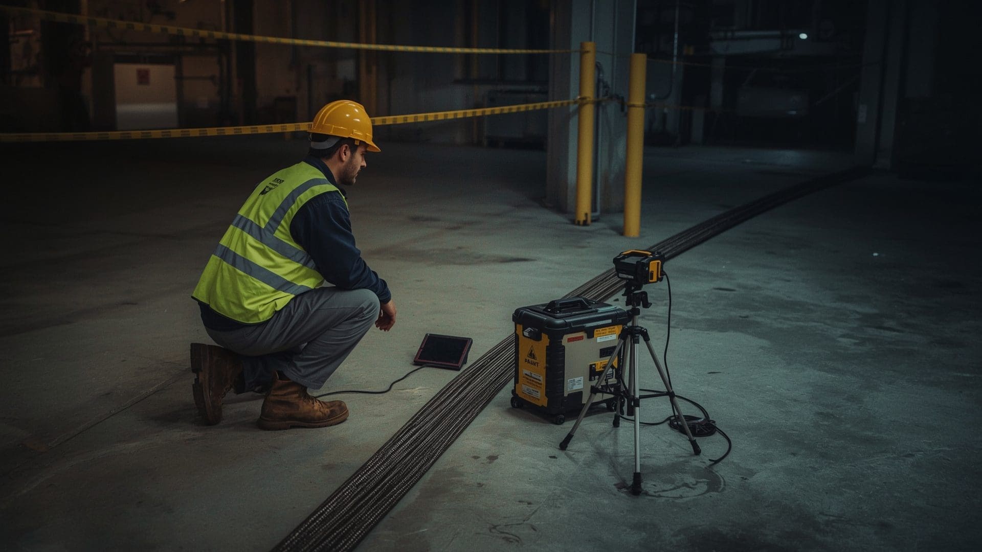 NDT technician positioning portable radiographic X-ray equipment beside wire rope during inspection