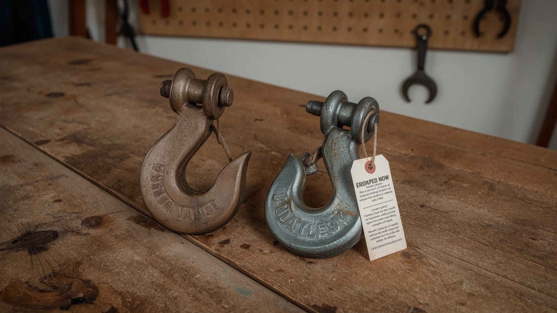 Side-by-side comparison of worn crane hook removed from service versus new replacement hook