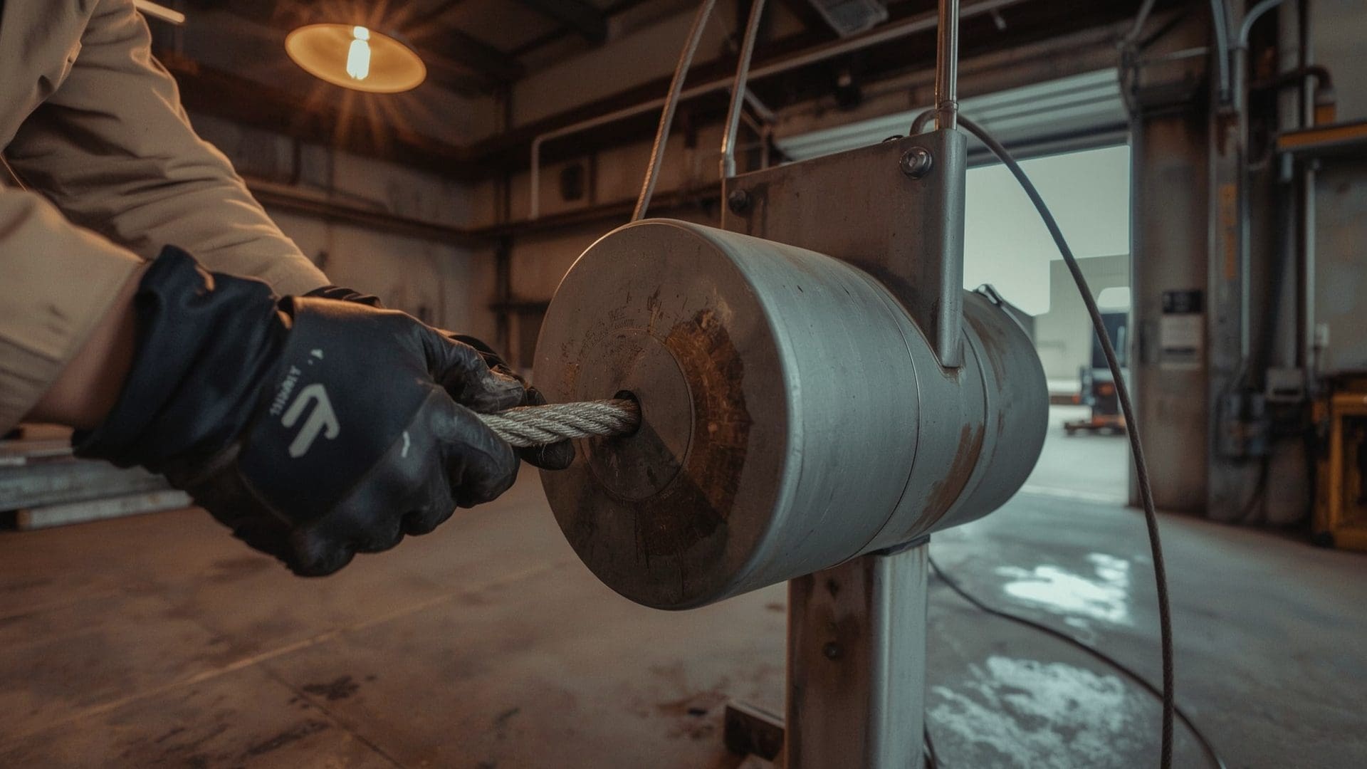 Technician guiding steel wire rope through electromagnetic NDT sensor head during inspection