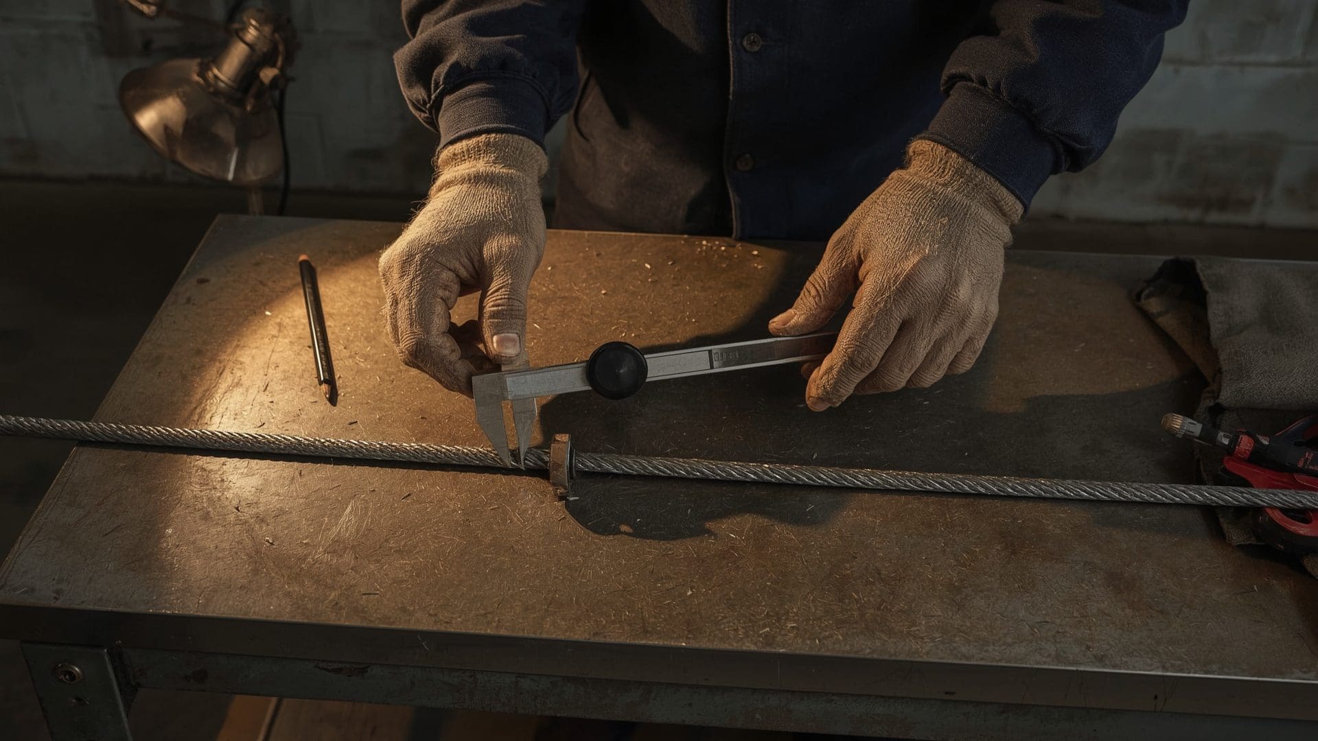 Technician measuring wire rope diameter with parallel-jaw caliper on metal workbench