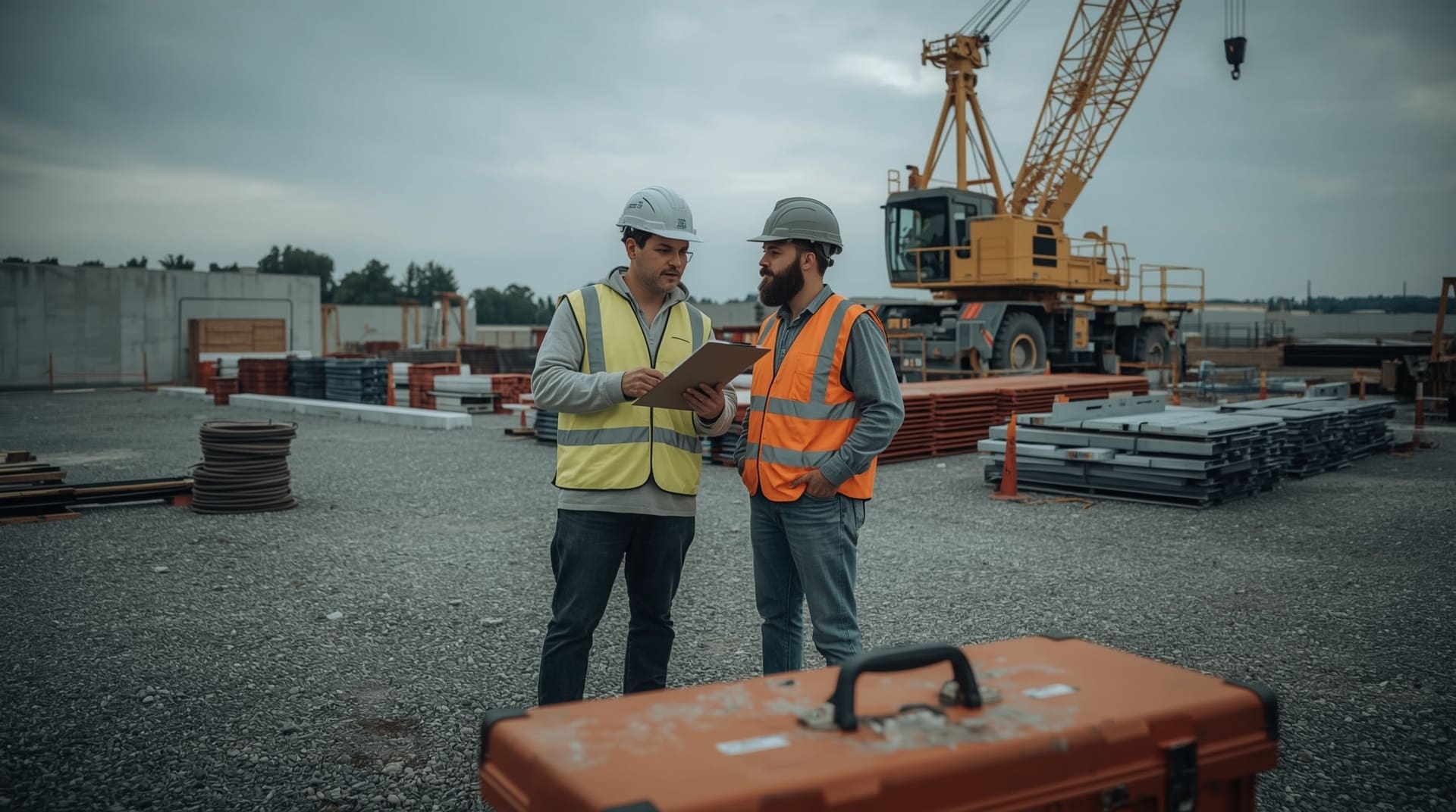 Construction site supervisor reviewing crane signal person certification documentation with worker