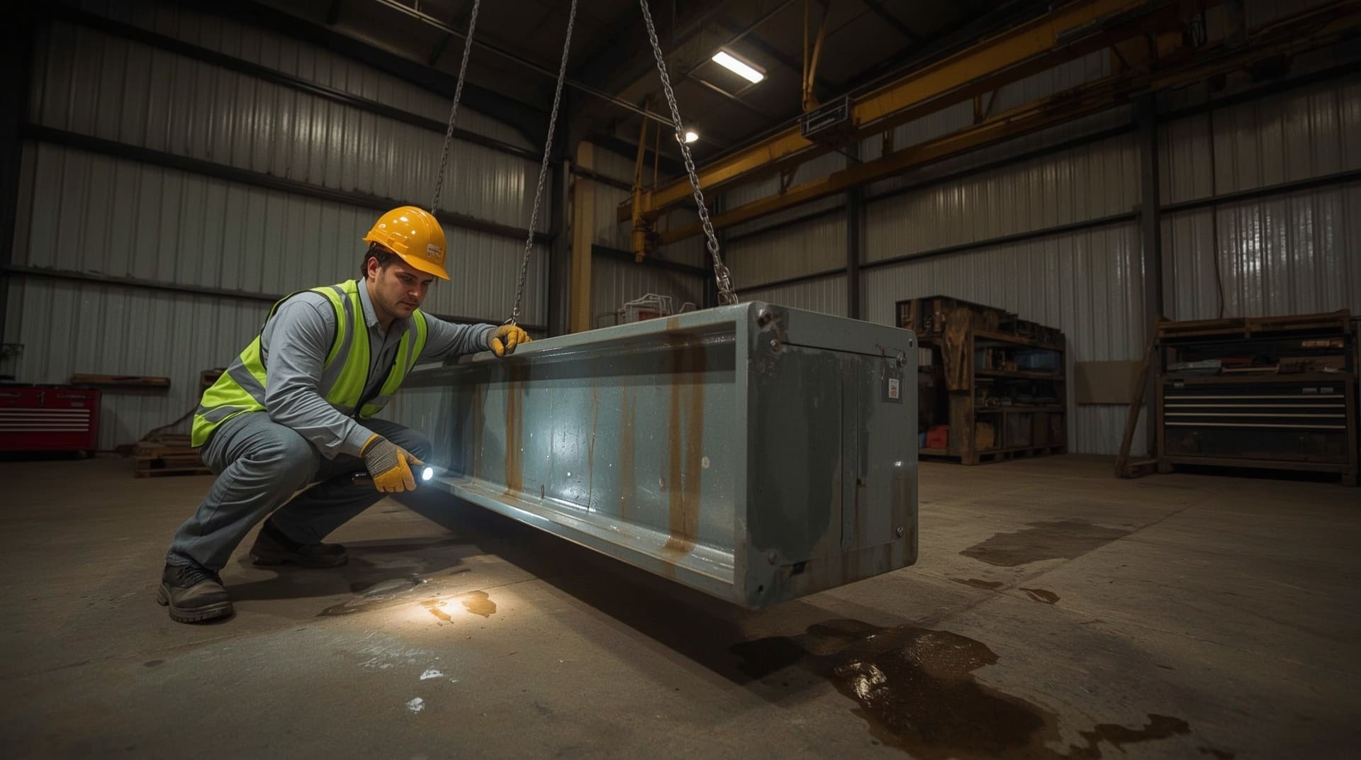 Industrial rigger inspecting weld seam on steel lifting beam before use