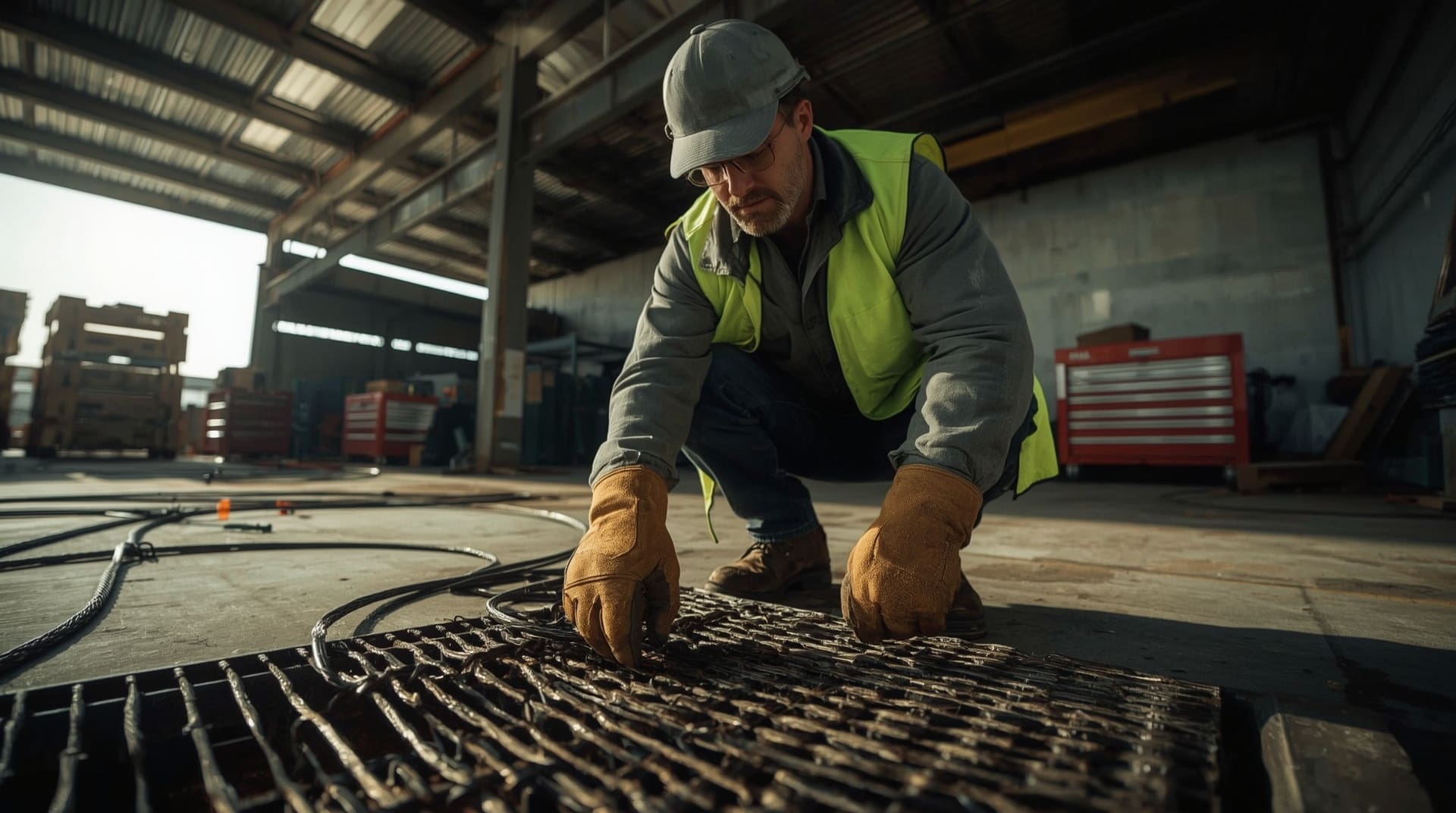 Rigger inspecting wire rope sling for damage before industrial lifting operation