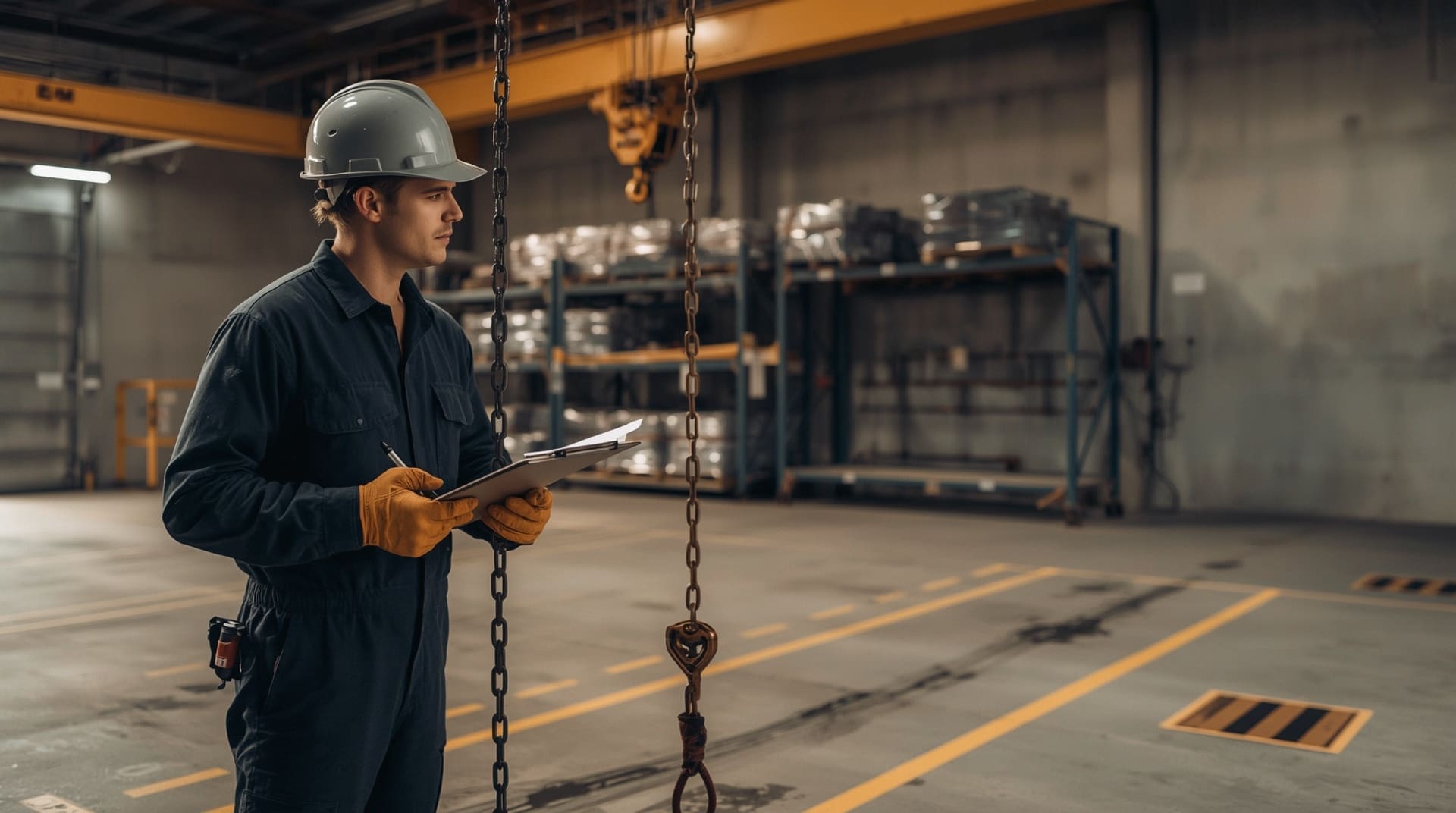 Safety technician documenting rigging inspection results on clipboard in industrial warehouse