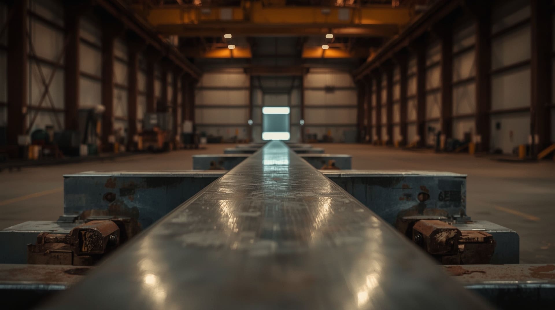 Close view of overhead crane runway rail showing wear patterns fasteners and splice connection
