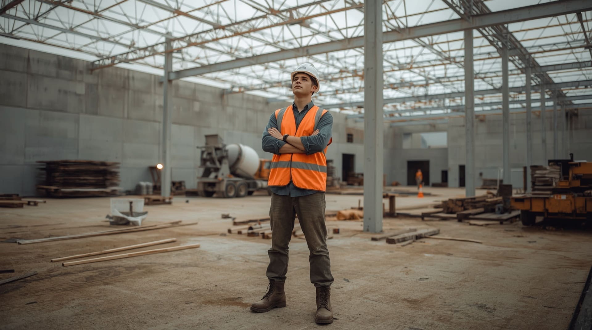 Construction supervisor in hard hat assessing worksite hazards with authority