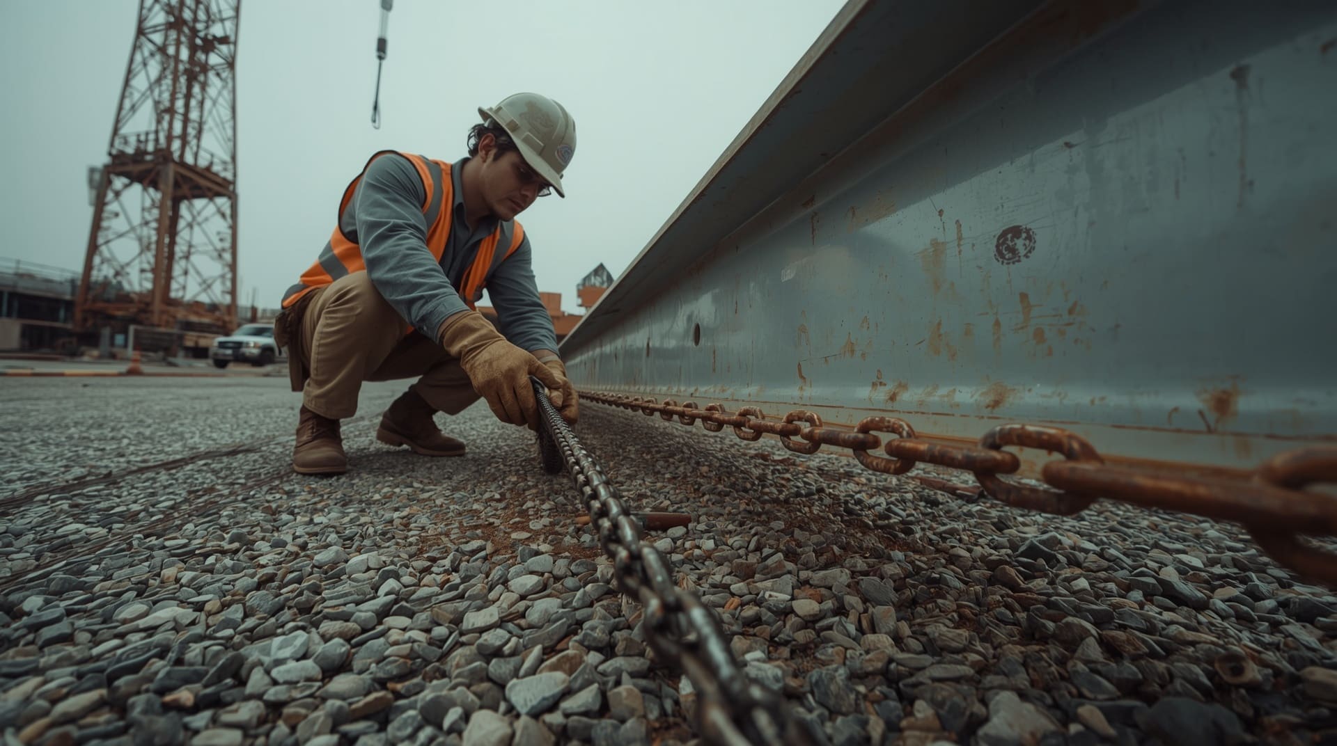 Construction worker attaching chain sling to steel beam demonstrating practical rigging competency