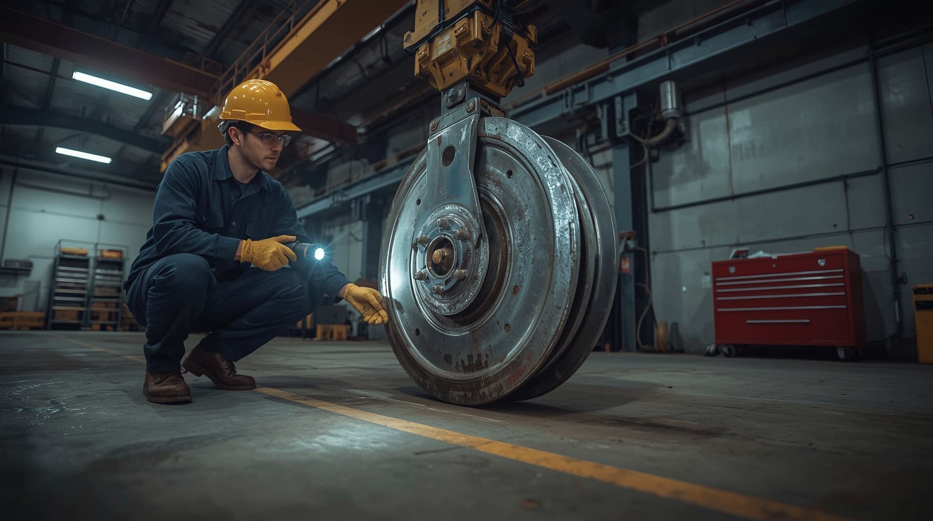 Crane technician performing visual brake inspection on industrial hoist mechanism