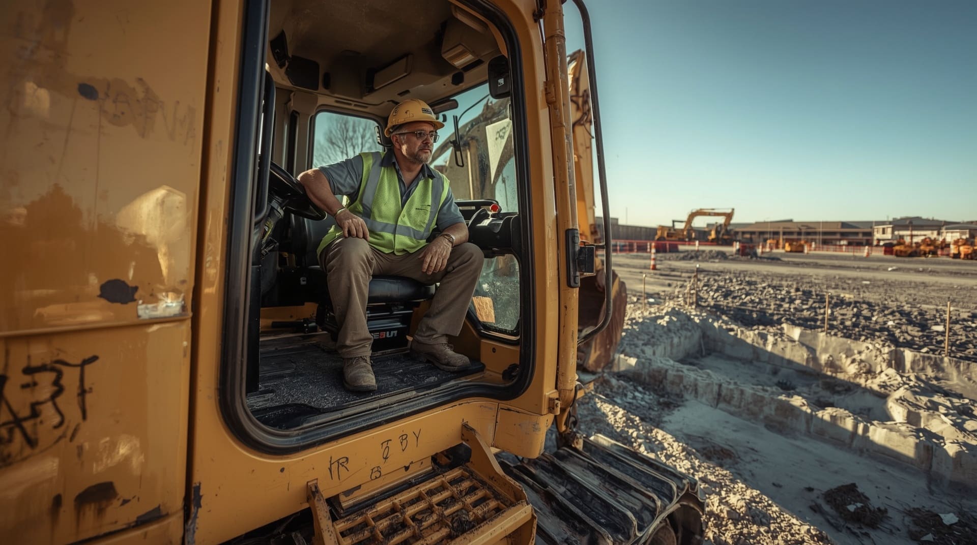 Heavy equipment operator controlling excavator on active construction site at dawn