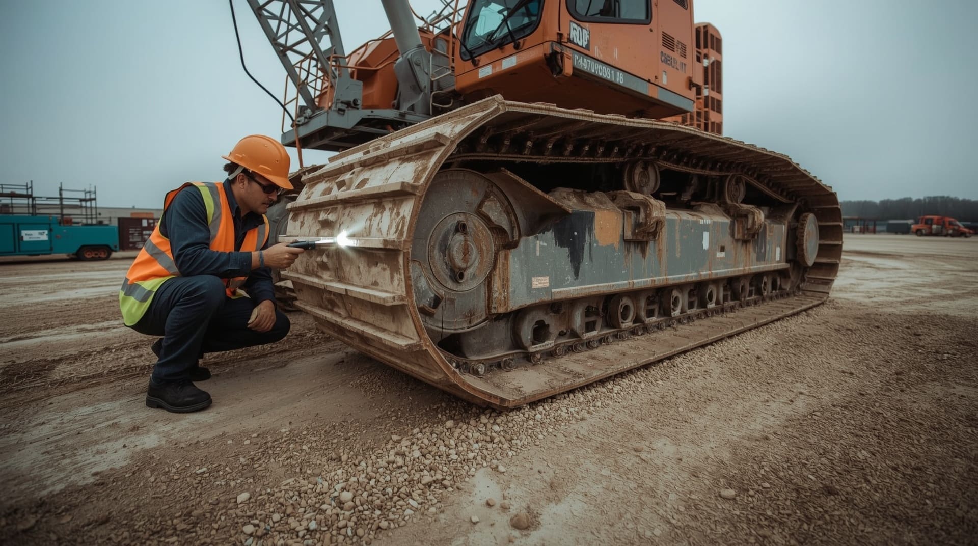 Inspector examining crawler crane undercarriage tracks and drive components on job site