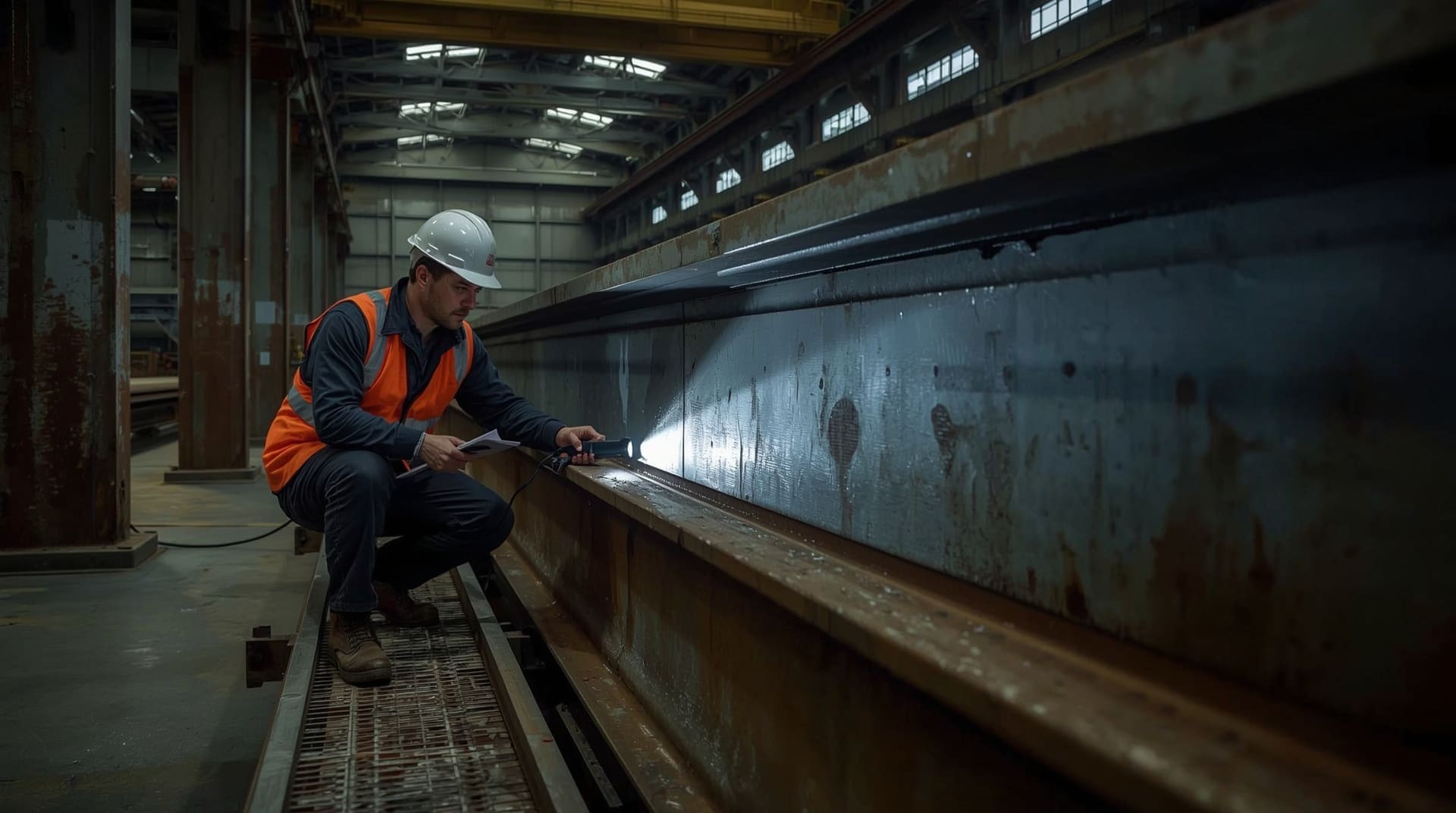 Inspector examining overhead crane runway beam weld connections during structural inspection