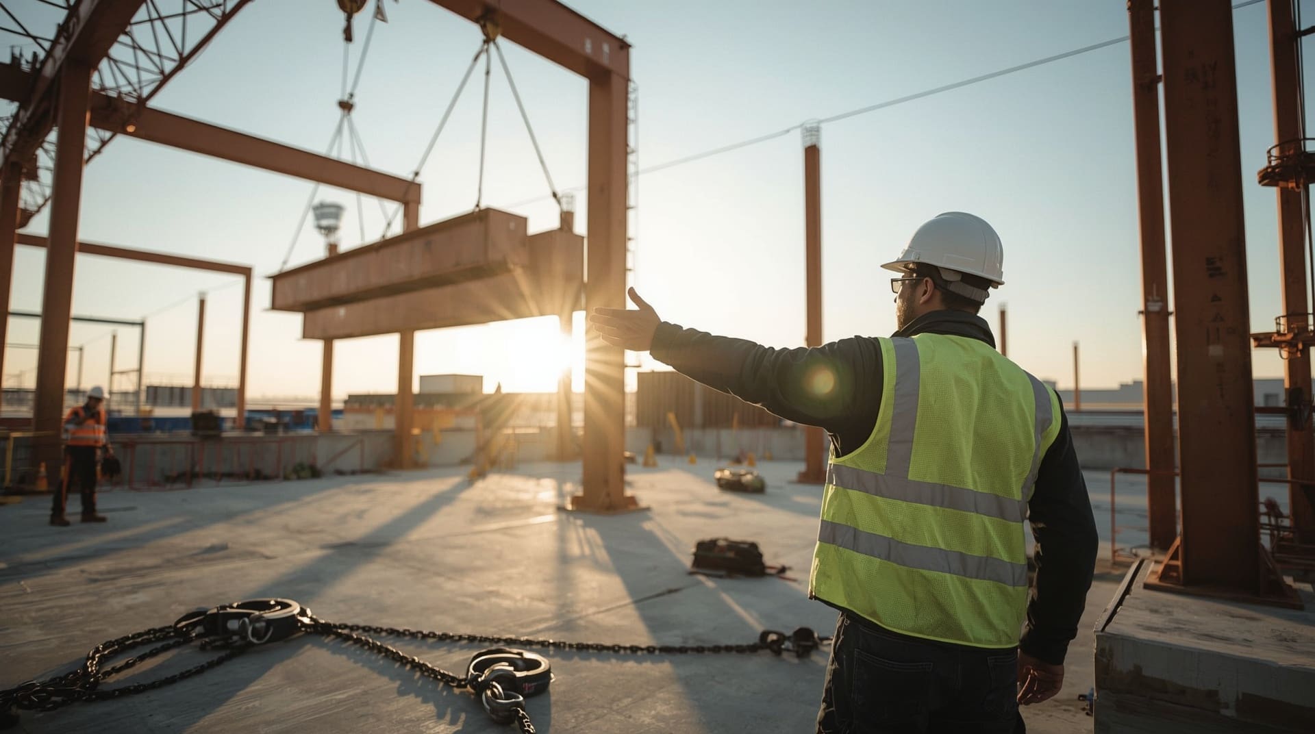 Lead rigger in hard hat directing crew during complex steel beam lift