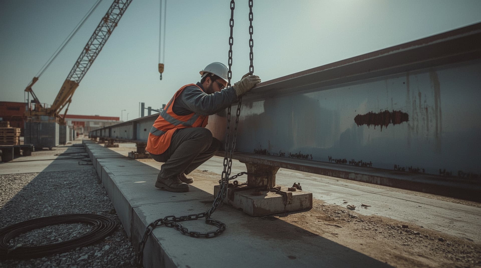 Qualified rigger attaching chain sling to steel beam at active construction site