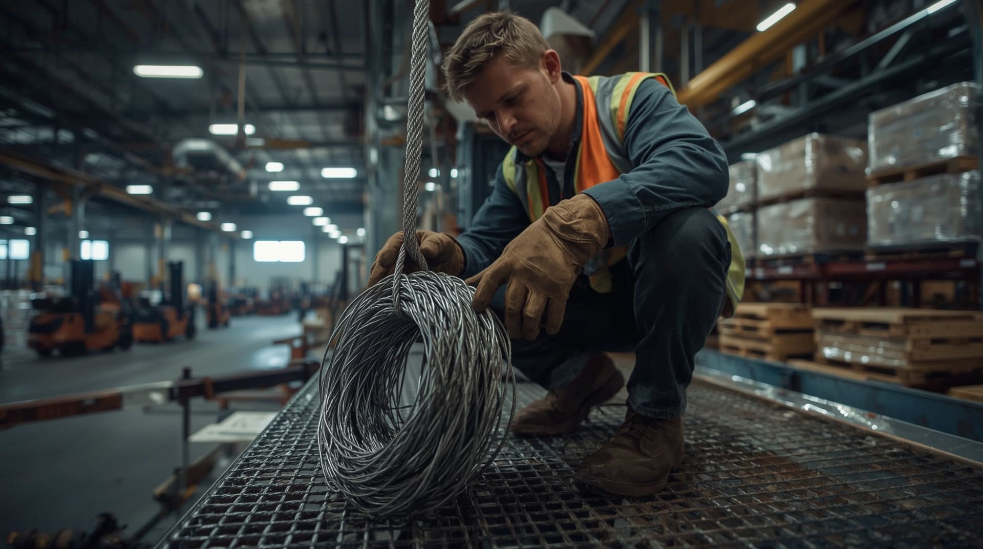 Rigger inspecting wire rope sling for damage on industrial warehouse platform