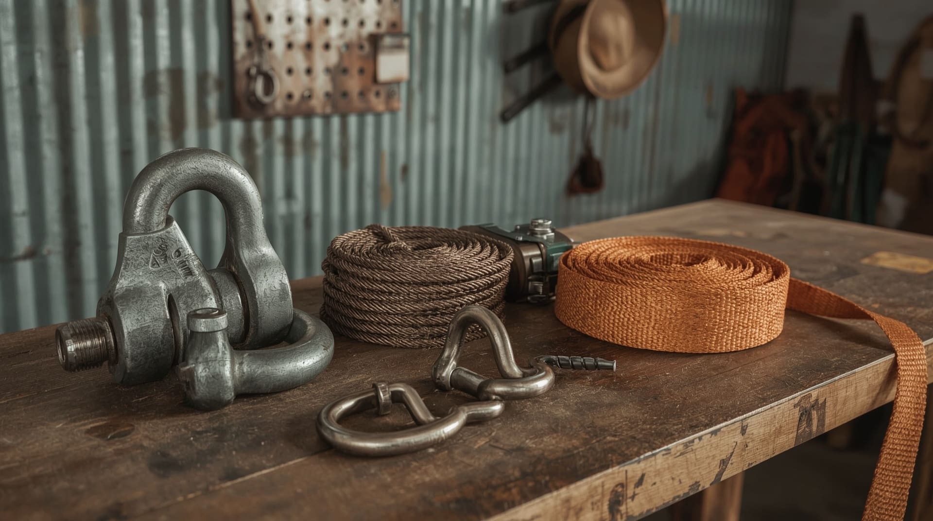 Rigging hardware including shackles wire rope slings and hooks on a work bench