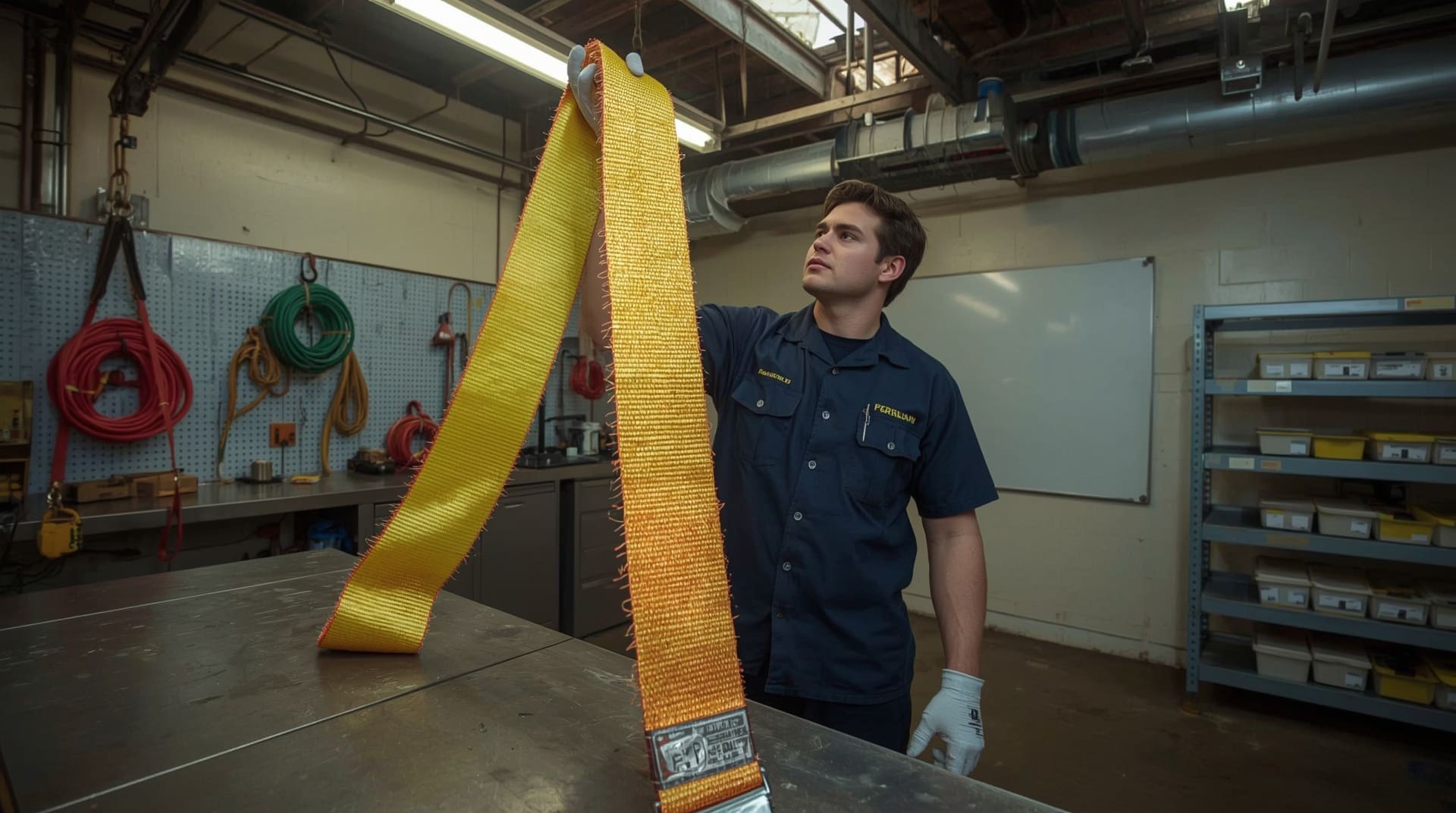 Safety technician inspecting synthetic web sling for cuts and abrasion damage