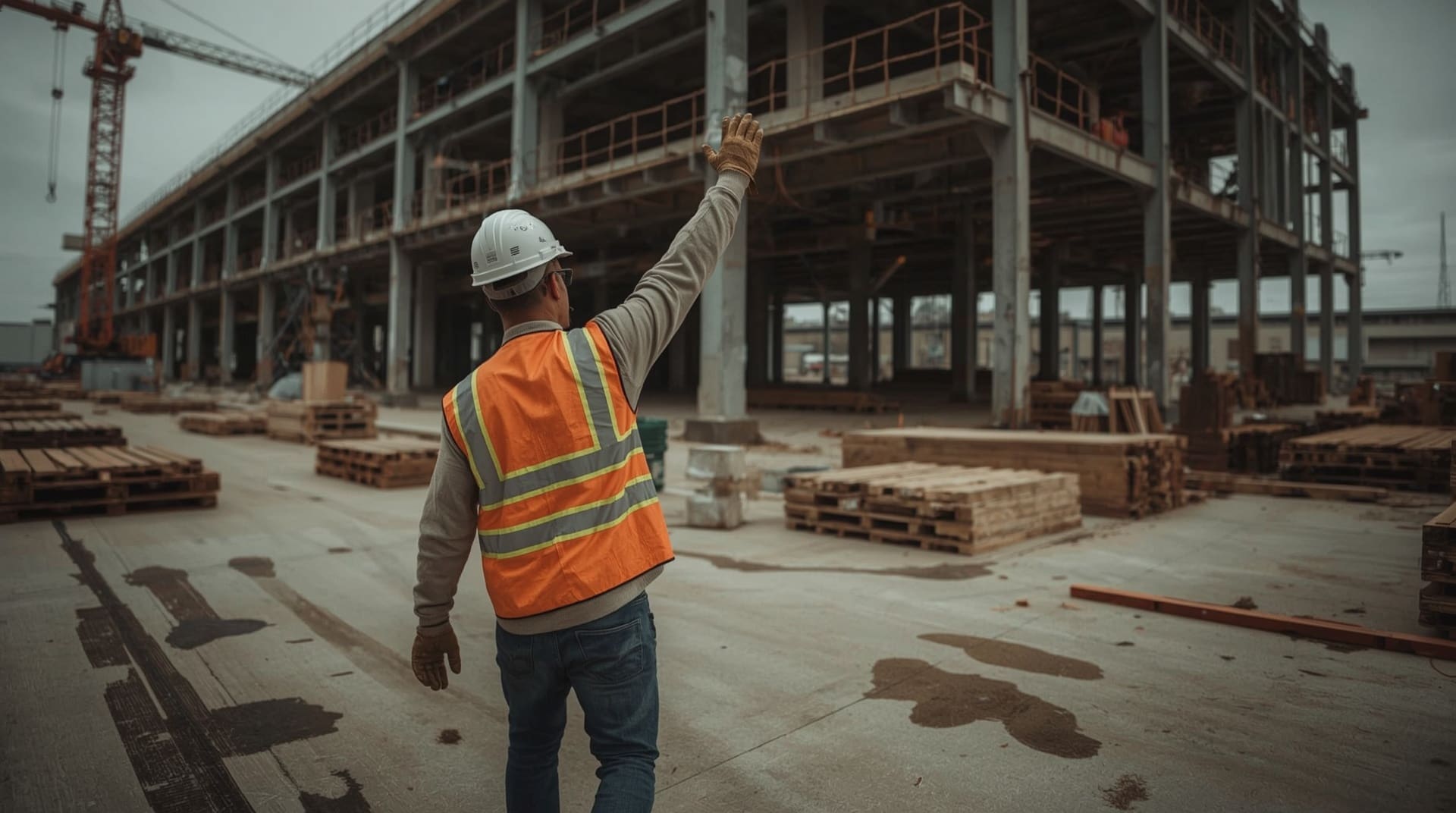 Signal person in high-visibility vest directing crane load on busy construction site