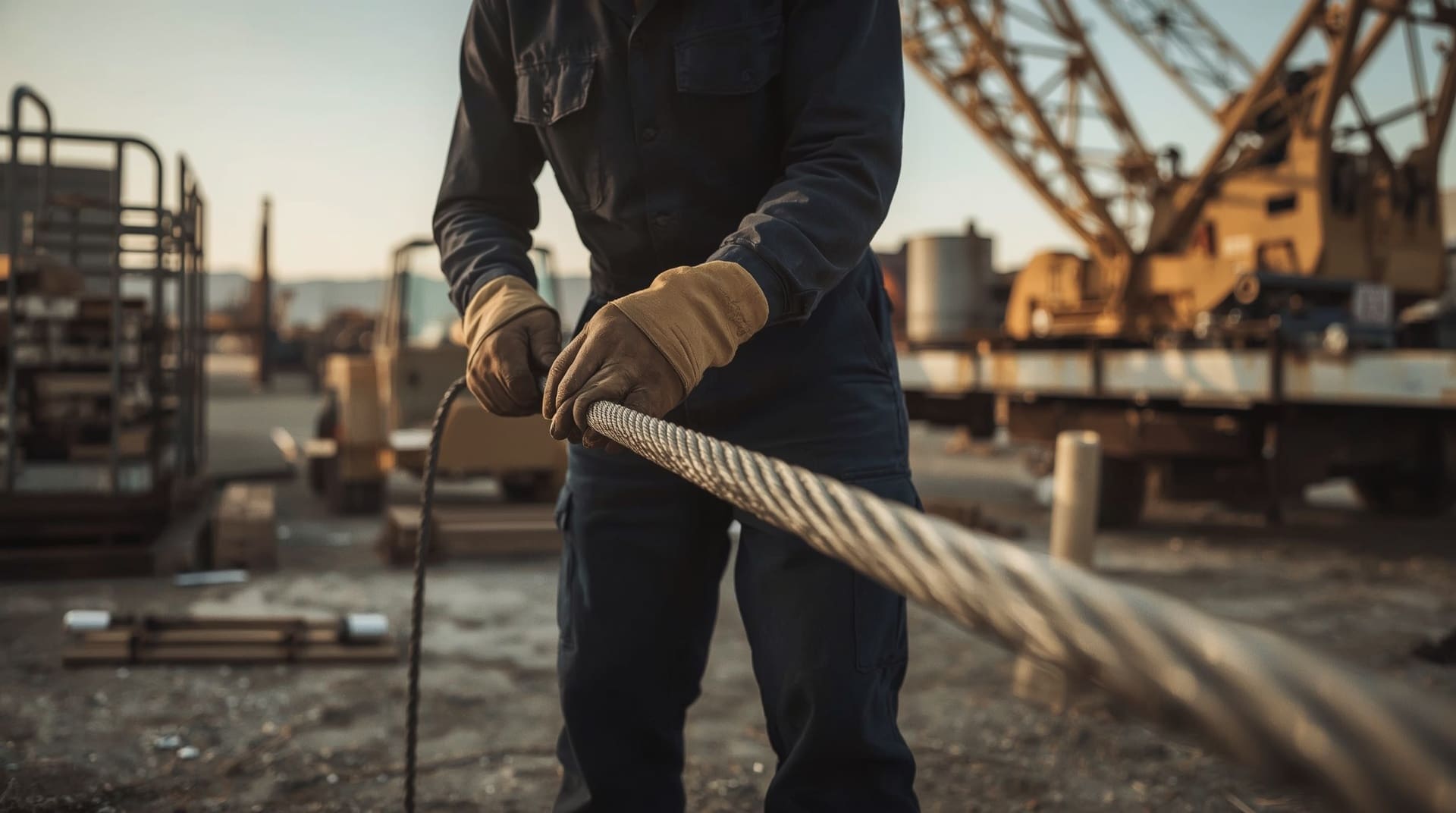 Technician closely inspecting wire rope and load line condition on crawler crane