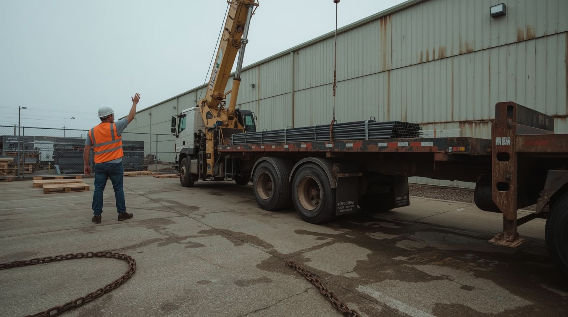 Worker signaling during knuckle boom crane operation near flatbed truck in industrial yard
