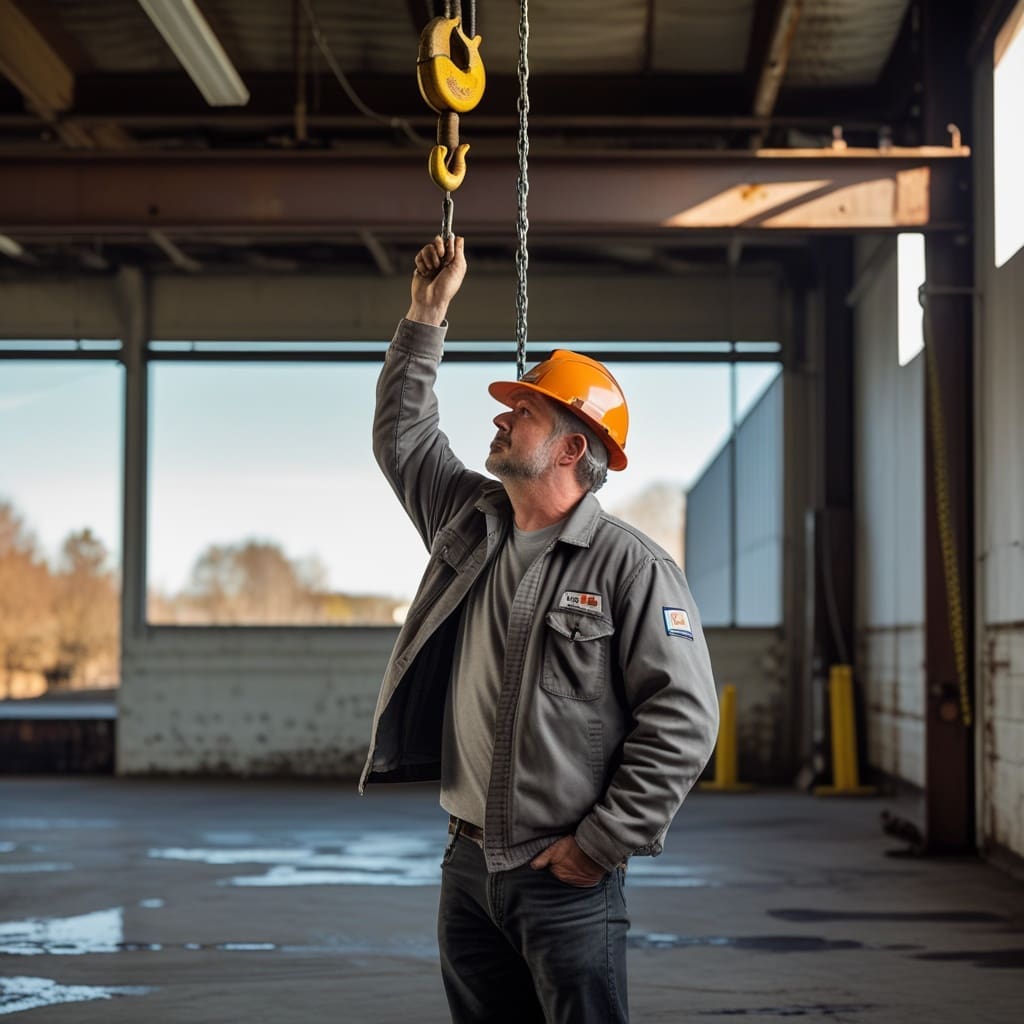 Cover photo showing an inspector examining an overhead crane hook and wire rope inside an industrial warehouse.