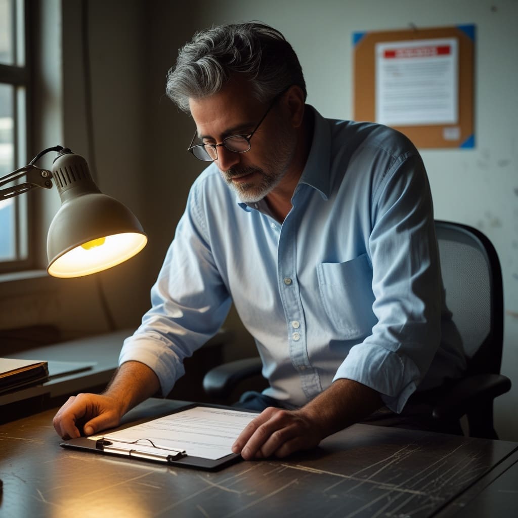 A safety manager reviewing a crane inspection checklist on a clipboard inside an office adjacent to a warehouse floor..