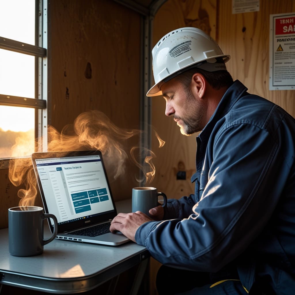 Cover photo showing a construction worker completing an online aerial lift training course on a laptop at a job site trailer.