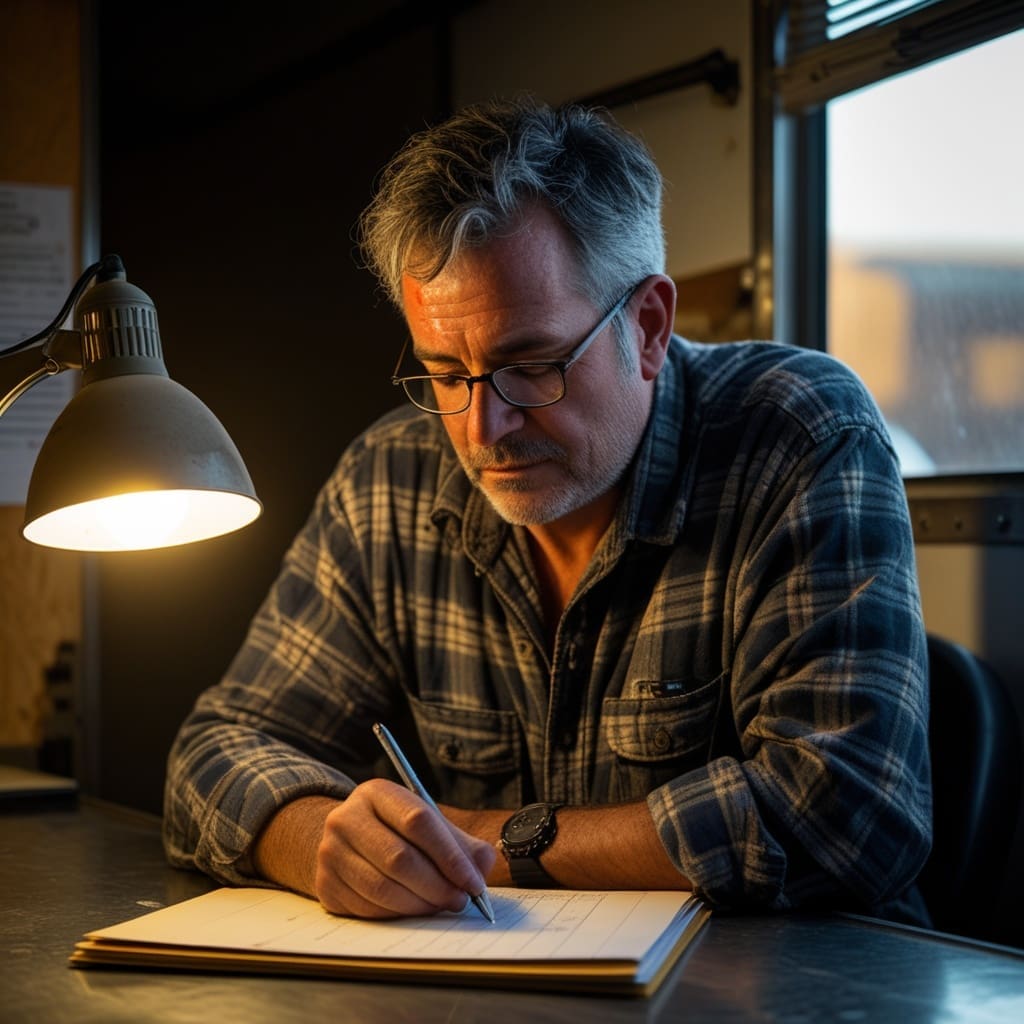 A safety manager reviewing certification paperwork in a job site trailer office..